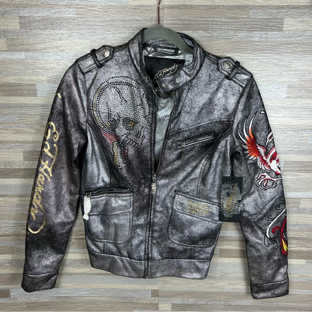 Vintage Ed Hardy Christian Audigier Y2K Skull Leather XS Motorcycle Jacket NWT